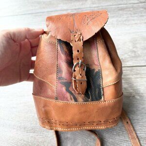 Cognac Tooled Brown Leather Backpack Brown Leather